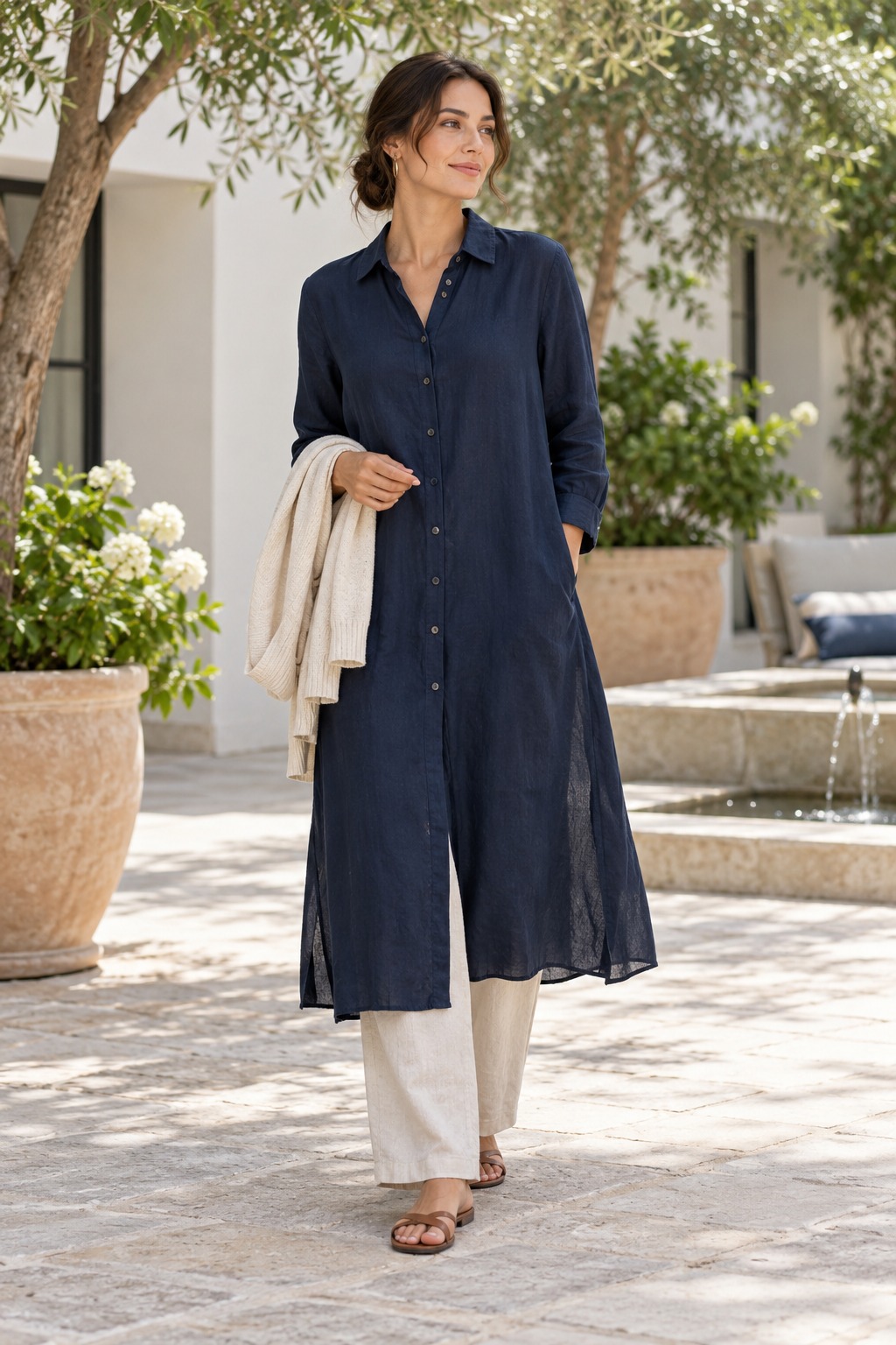 Modest summer outfit with a lightweight maxi dress and a breathable open front layer