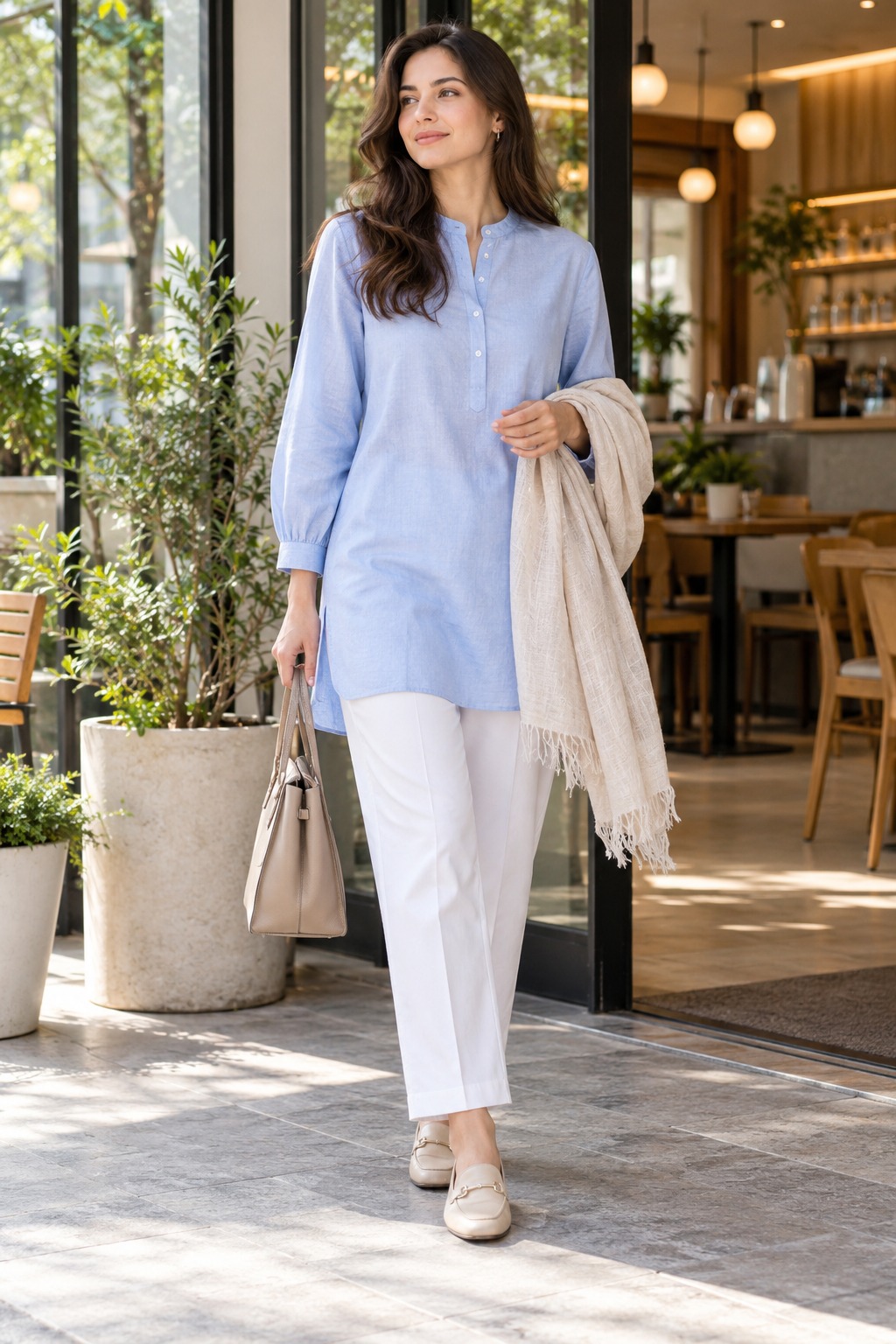 Modest warm weather outfit with long sleeve popover blouse and relaxed straight trousers