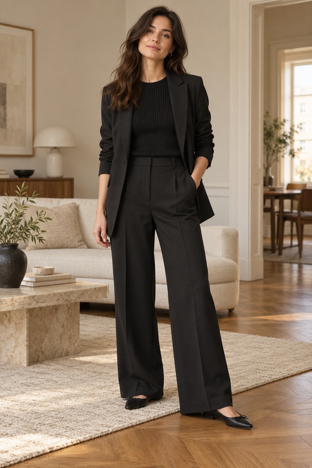 Black monochrome outfit with a ribbed knit top, smooth tailored trousers, and soft black blazer