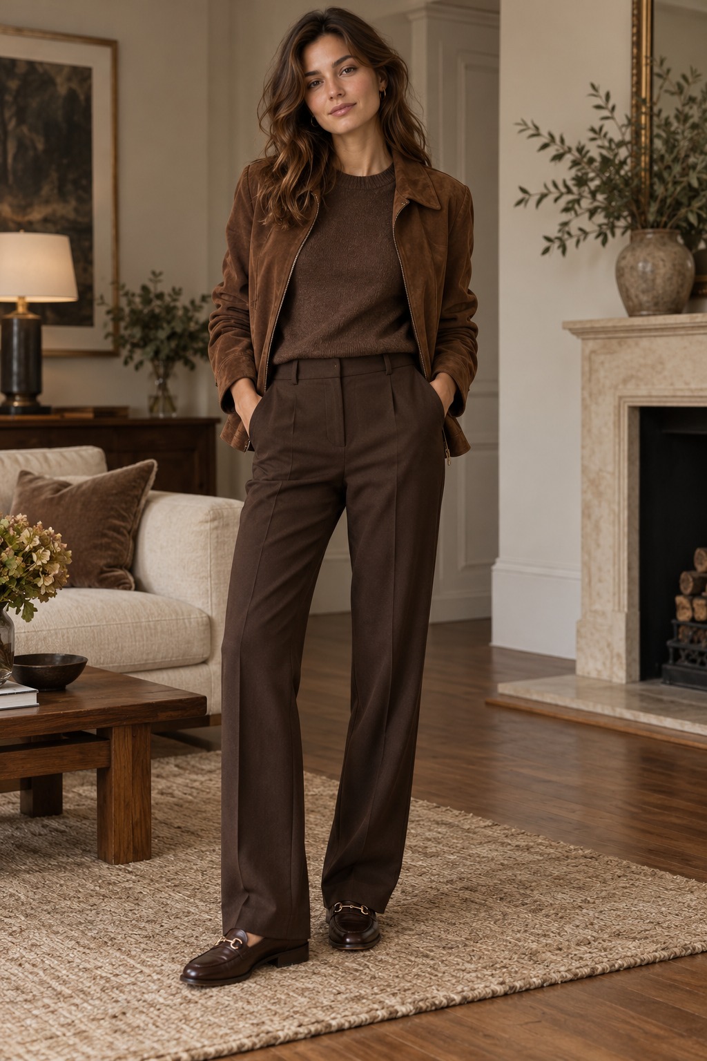 Chocolate monochrome fall outfit with tailored brown trousers, cocoa knit, and suede-look jacket
