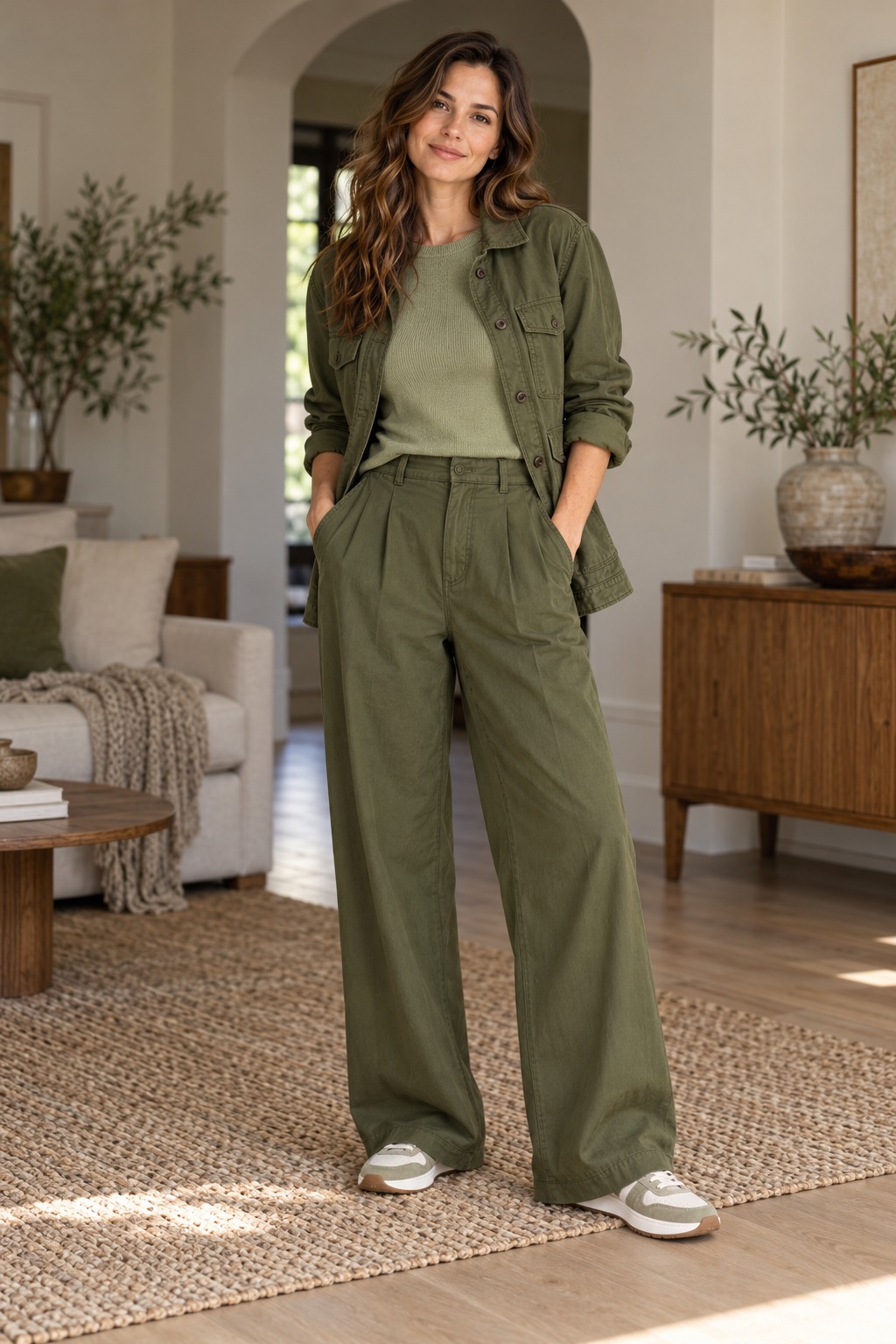 Olive monochrome outfit with wide-leg pants, soft sage top, and textured olive utility jacket
