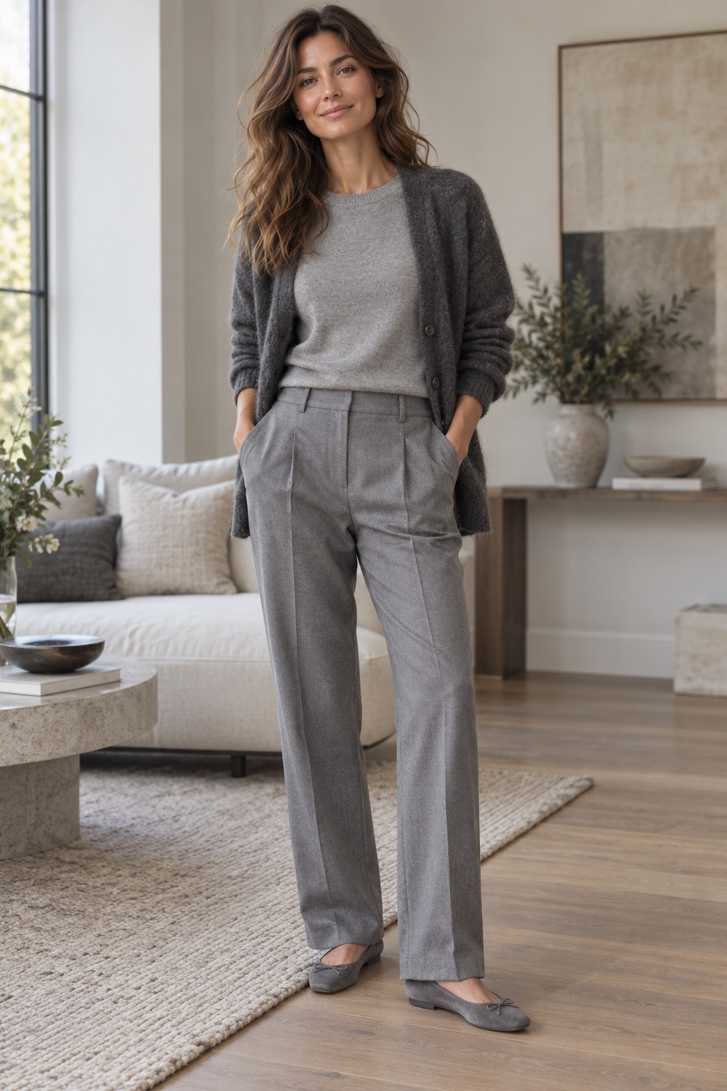 Steel gray monochrome outfit with tailored trousers, silver gray knit, and brushed cardigan