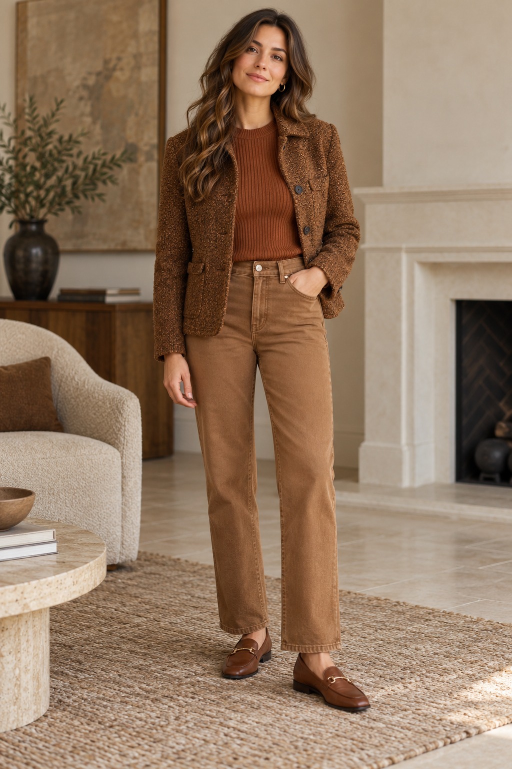 Caramel monochrome outfit with brown denim, cinnamon knit top, and textured jacket