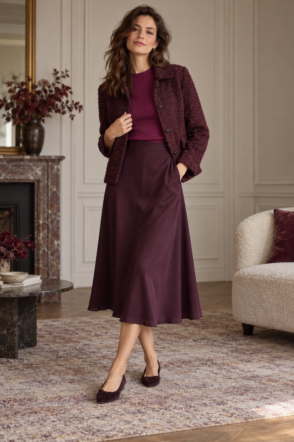 Plum monochrome outfit with berry knit top, deep plum midi skirt, and soft textured jacket