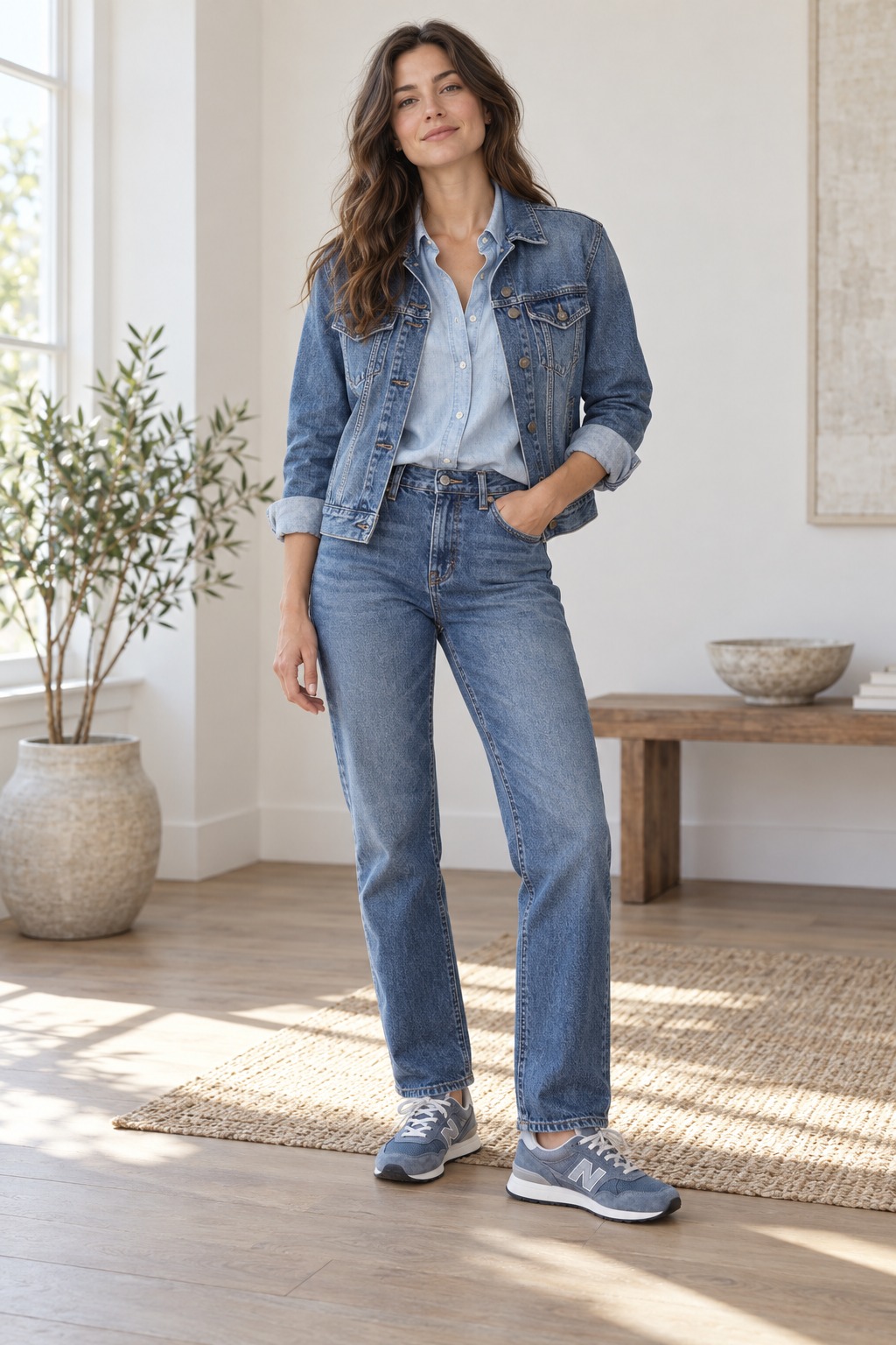 Blue monochrome outfit pairing jeans, chambray shirt, and textured blue denim jacket