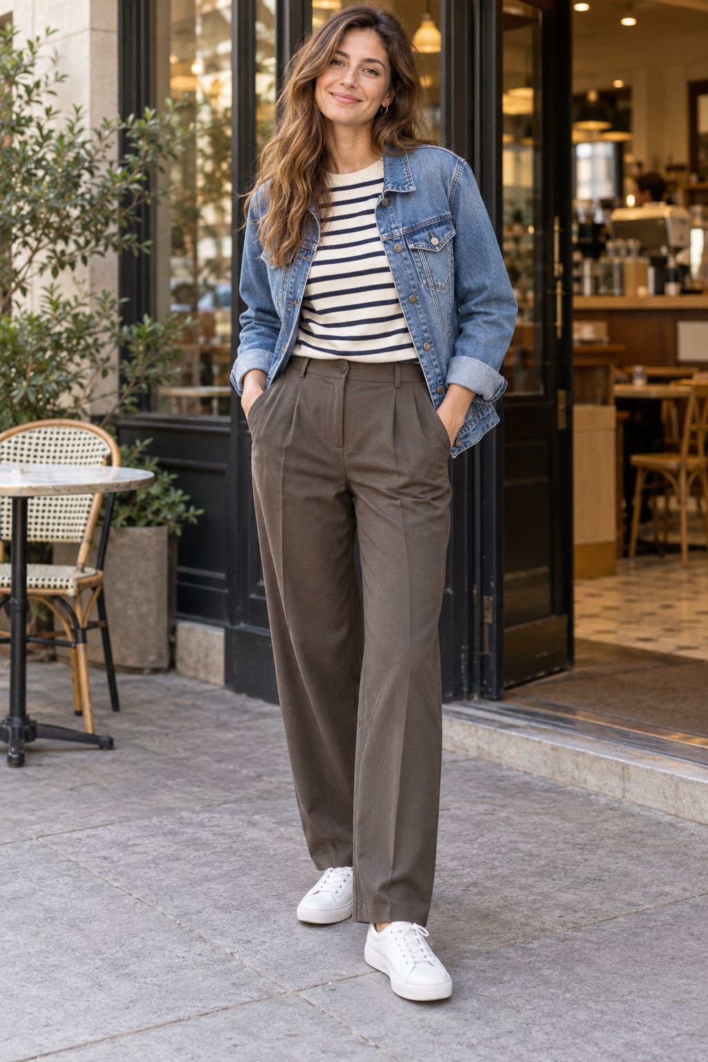 Striped long-sleeve top and relaxed trousers styled with a classic denim jacket and clean sneakers