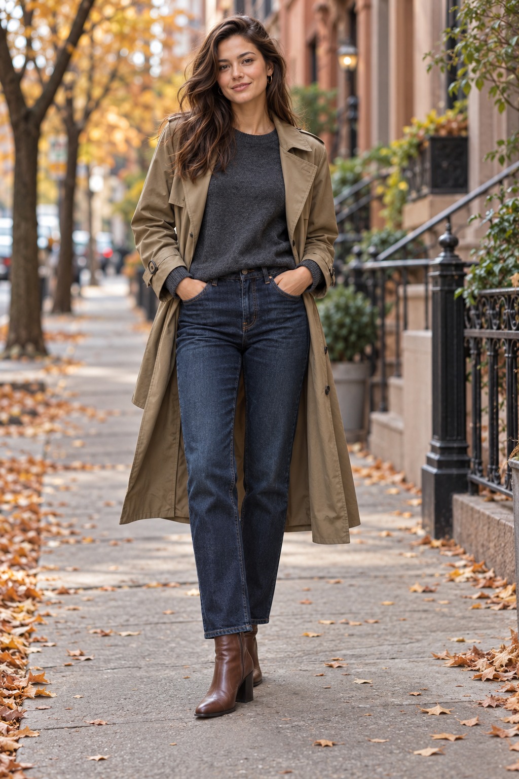 Crewneck sweater and dark jeans styled with a lightweight khaki trench and everyday ankle boots
