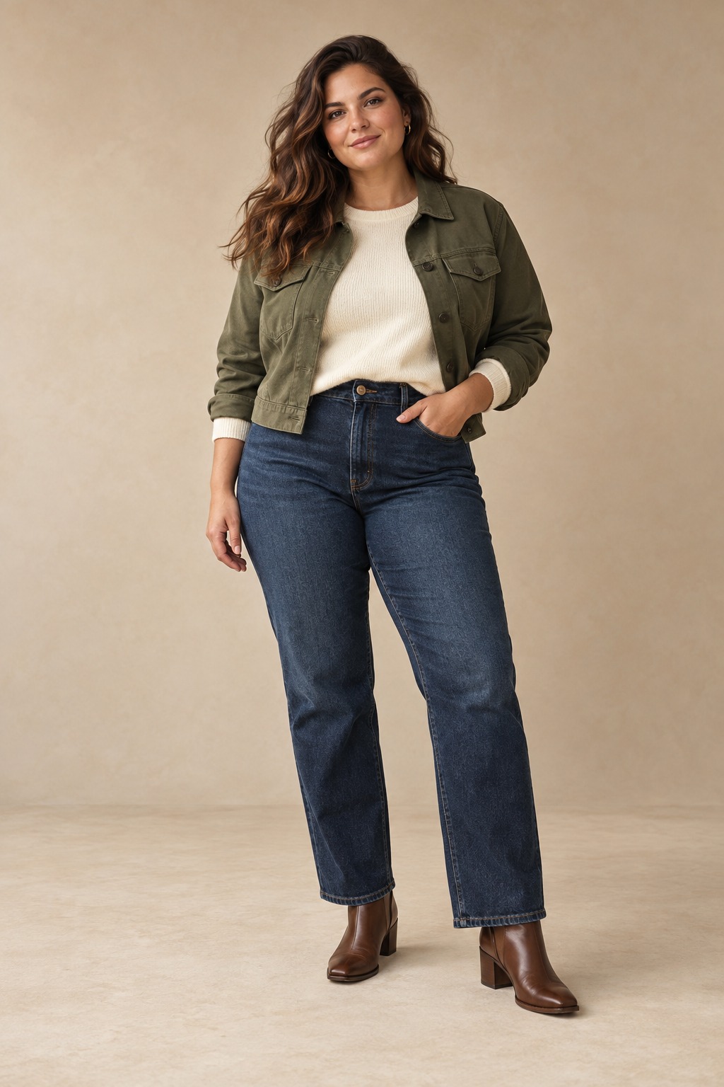 Plus-size fall outfit with high-rise straight jeans, tucked knit top, and cropped olive jacket