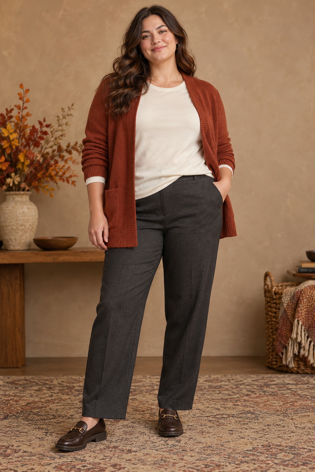 Plus-size autumn outfit with relaxed charcoal trousers, long-sleeve tee, and hip-length rust cardigan