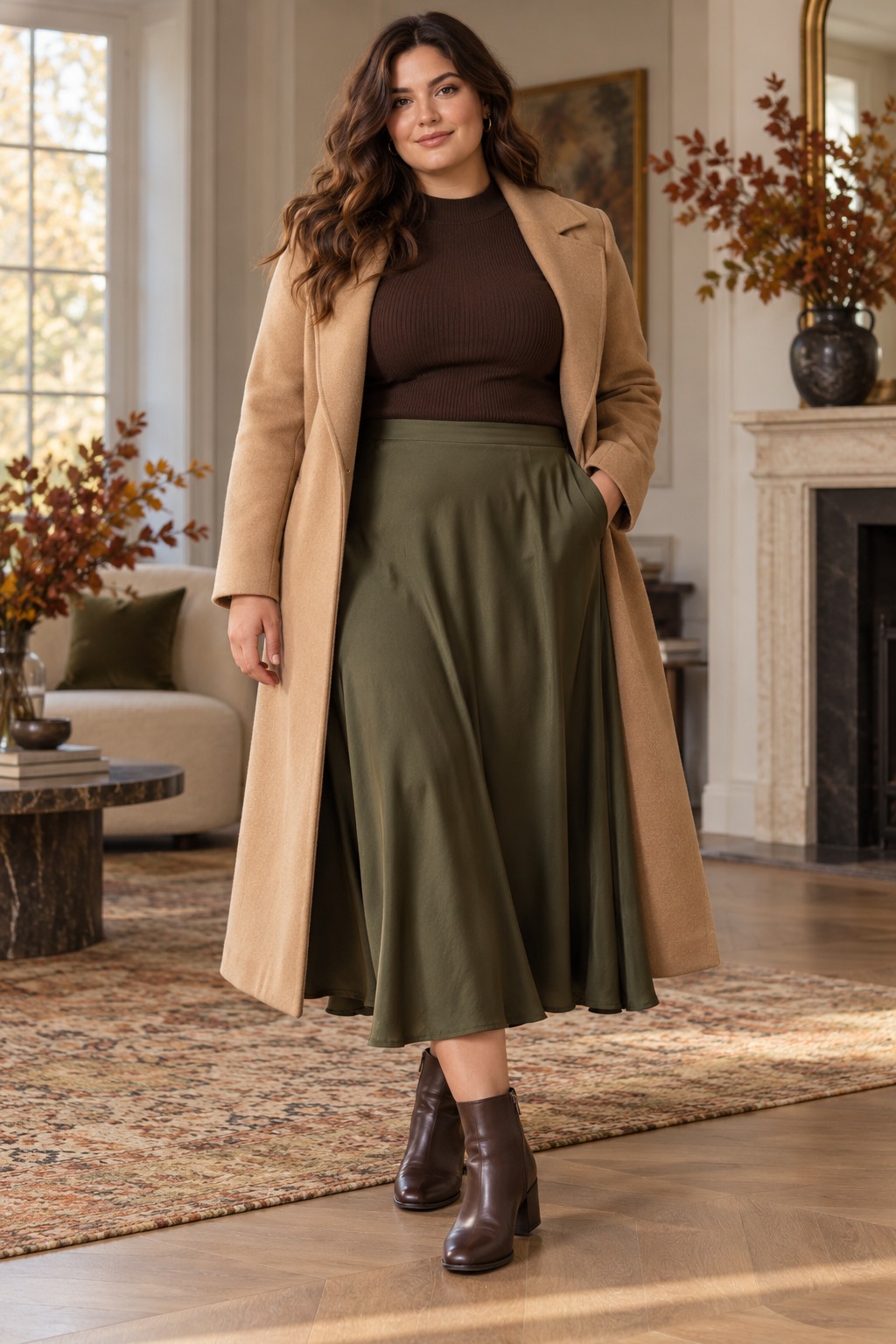 Plus-size fall outfit with a flowy midi skirt, fitted dark knit top, and long open camel coat