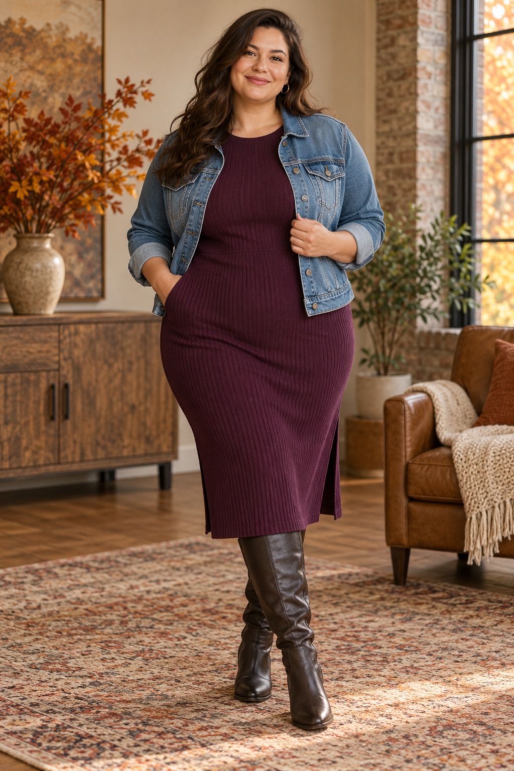 Plus-size fall knit dress outfit with waist-length denim jacket and tall boots