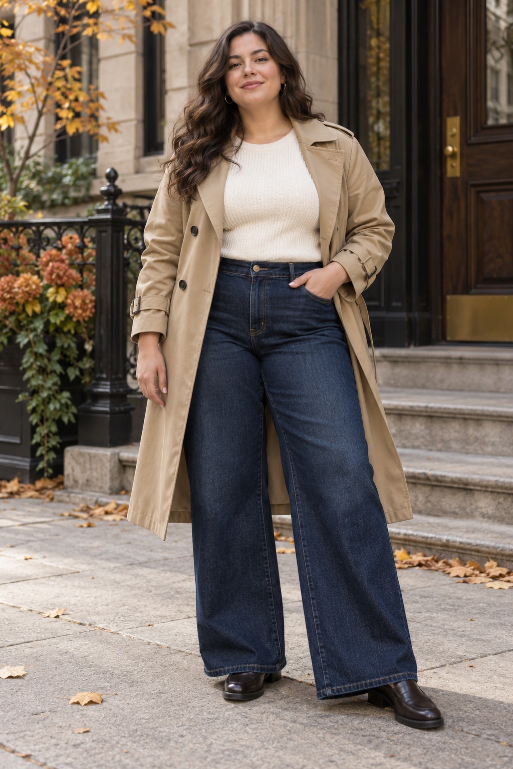 Plus-size fall outfit with wide-leg jeans, neat base layer, and knee-length trench coat