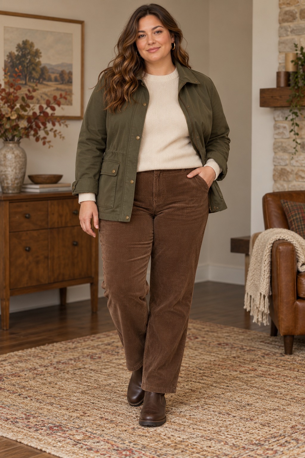 Plus size fall outfit with straight corduroy trousers, fine gauge knit, and comfortable hip length jacket