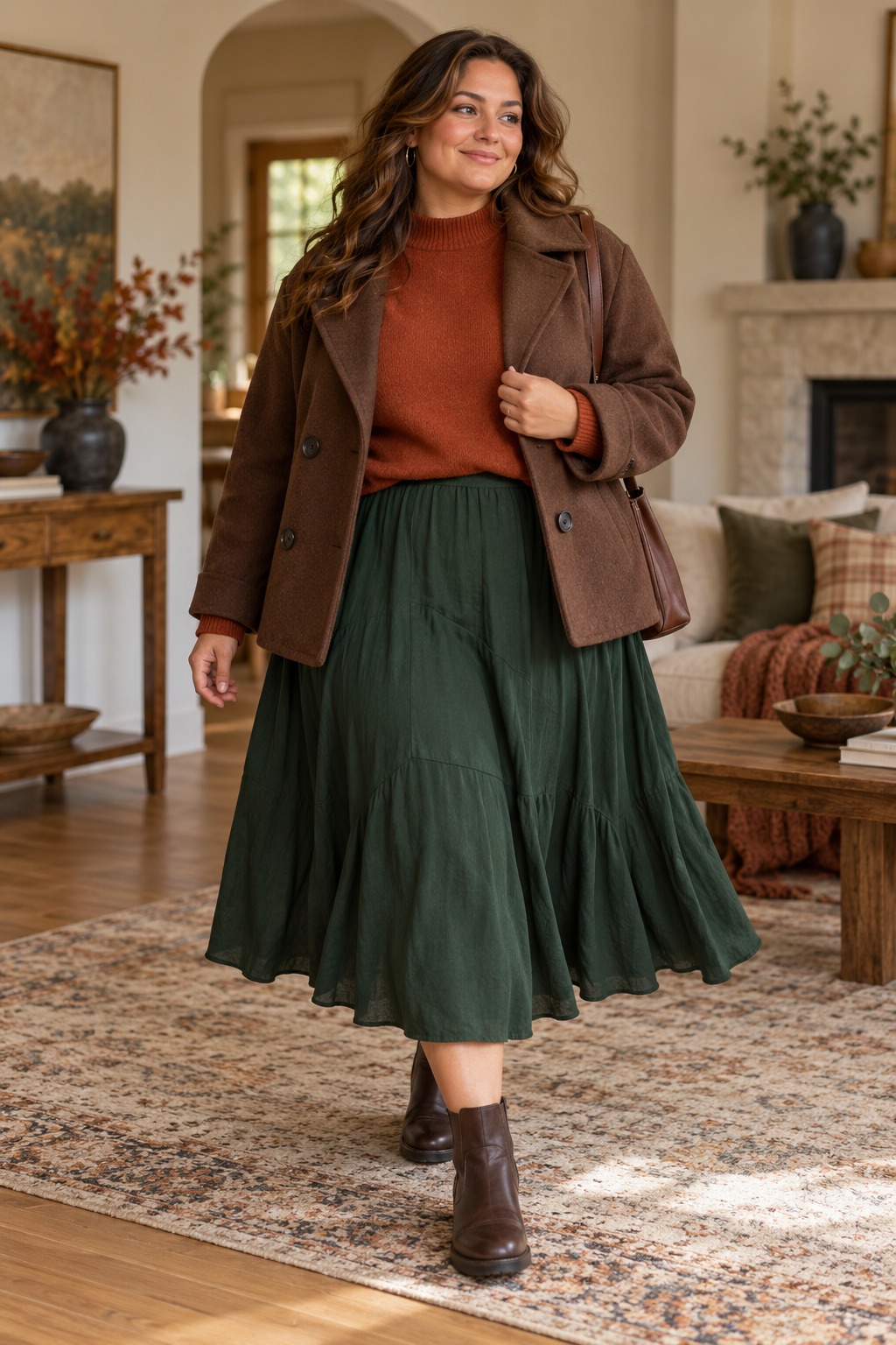 Plus size fall outfit with fluid midi skirt, relaxed sweater, and short structured coat