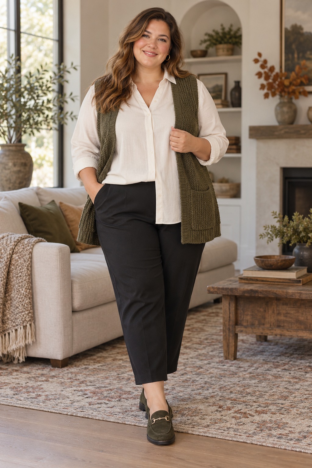 Plus size fall outfit with ankle trousers, longer blouse, and open knit vest for flexible layering