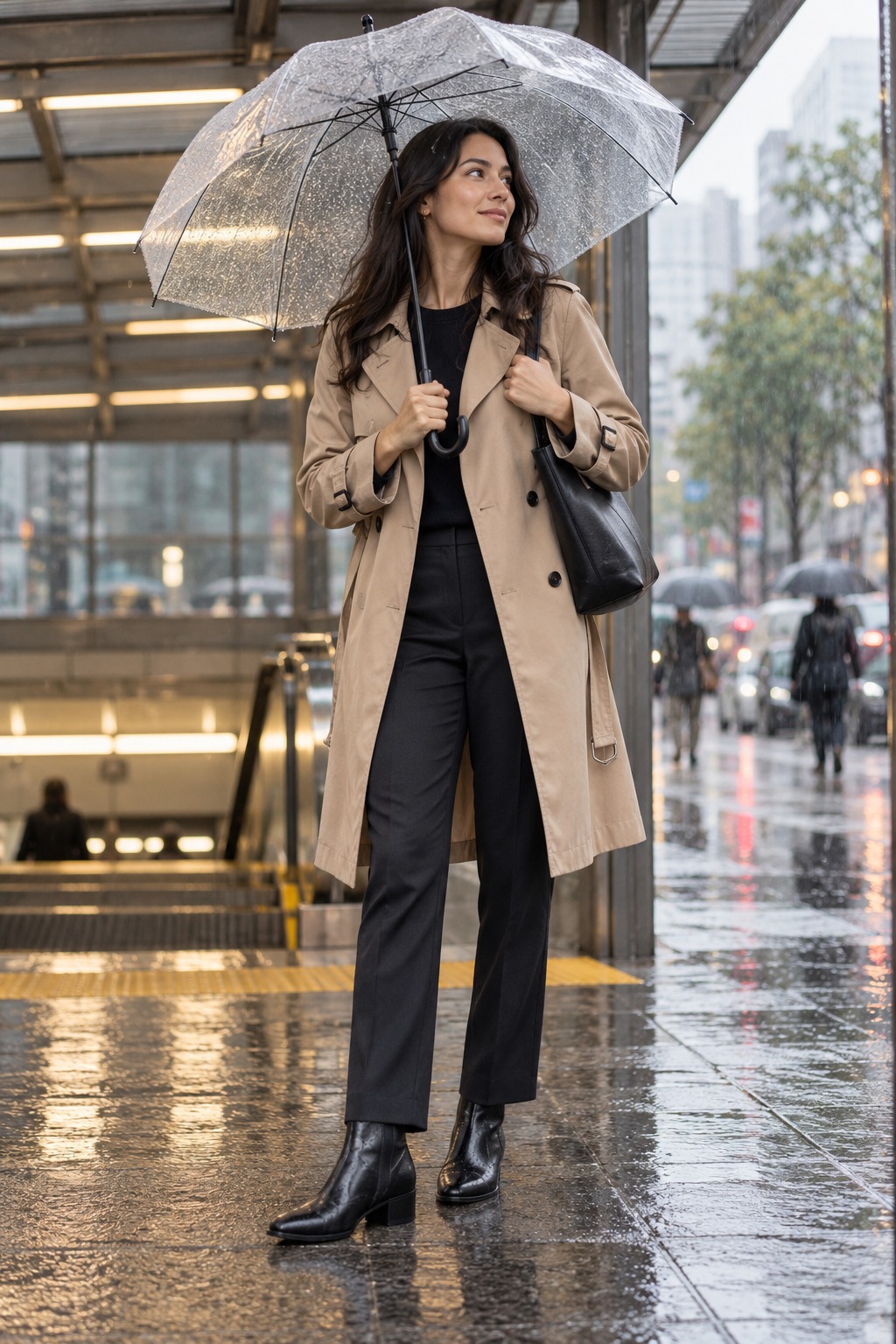 Commuter-friendly work outfit with comfortable closed shoes and a compact shoe-change option for a rainy morning