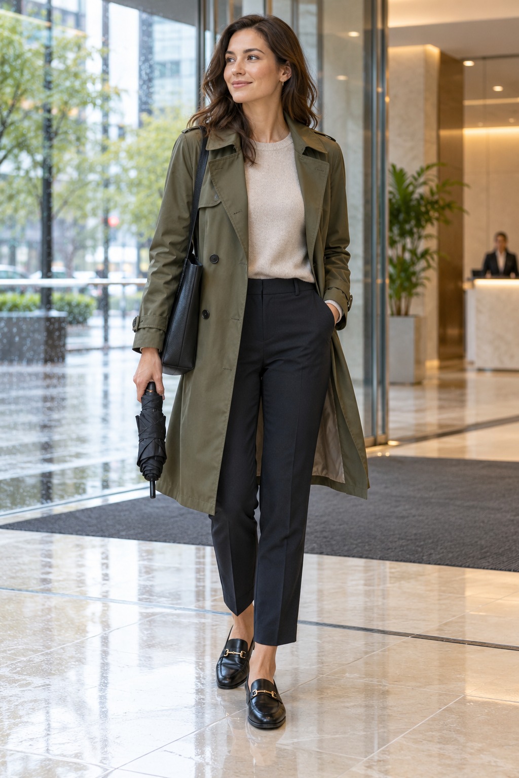 Office outfit with a removable rain shell over a neat blouse and trousers, shown ready to transition indoors