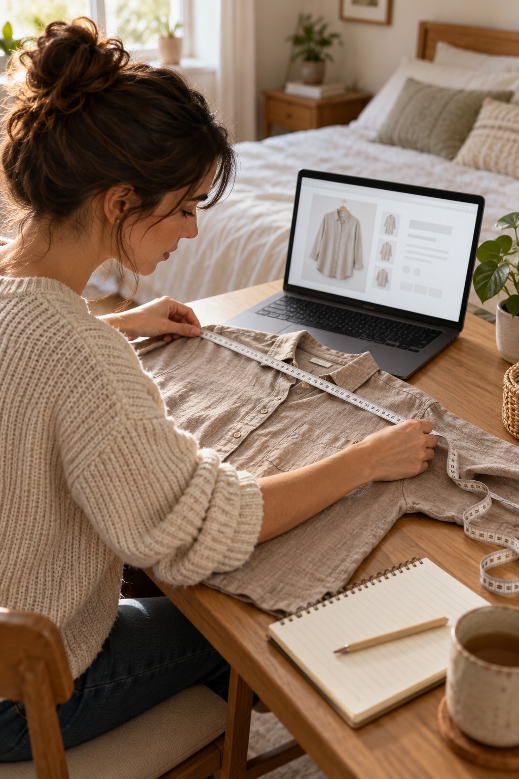 Shopper comparing the chest width of a flat-lay shirt with a measuring tape and an online product page.