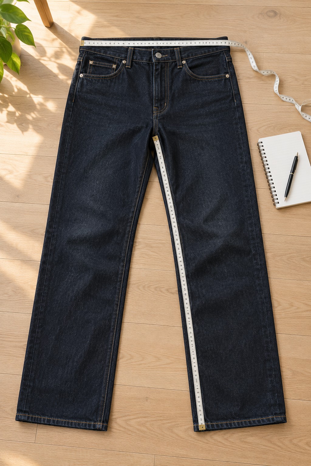 Dark straight-leg jeans laid flat with a measuring tape across the waistband and along the inseam.
