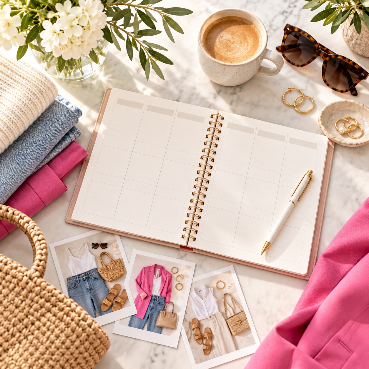 Editorial flat lay showing a weekly outfit planning notebook, coffee, and fashion accessories