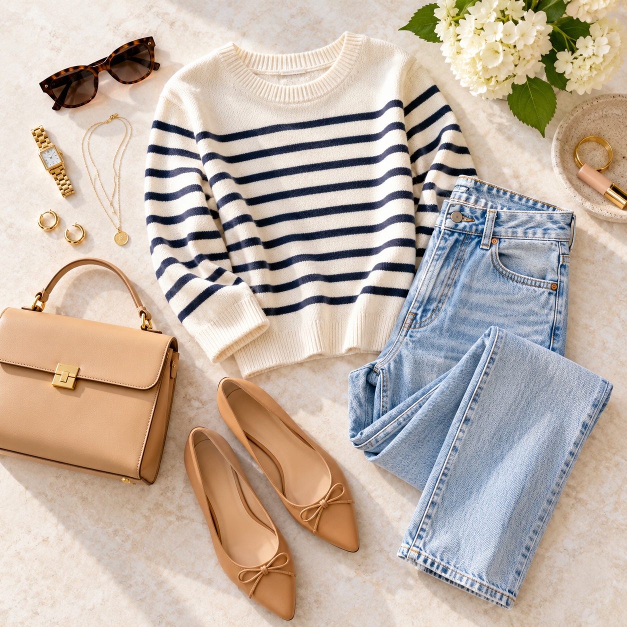 Striped outfit formula flat lay