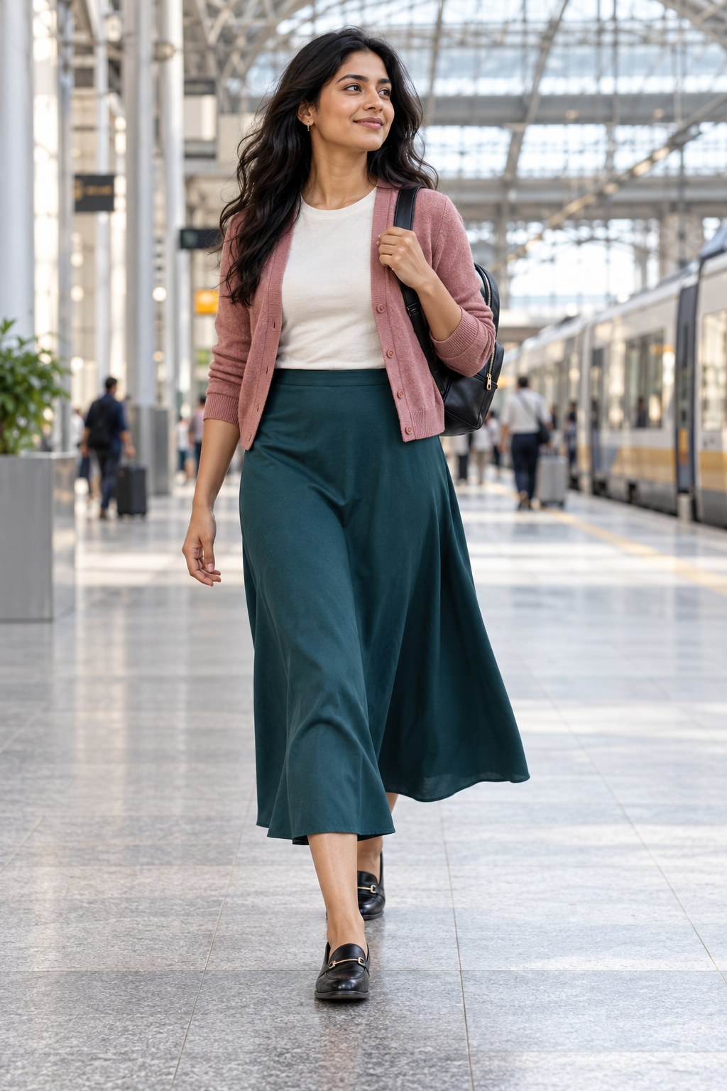 Teal midi skirt, ivory top, dusty rose cardigan, and black loafers in a train station.