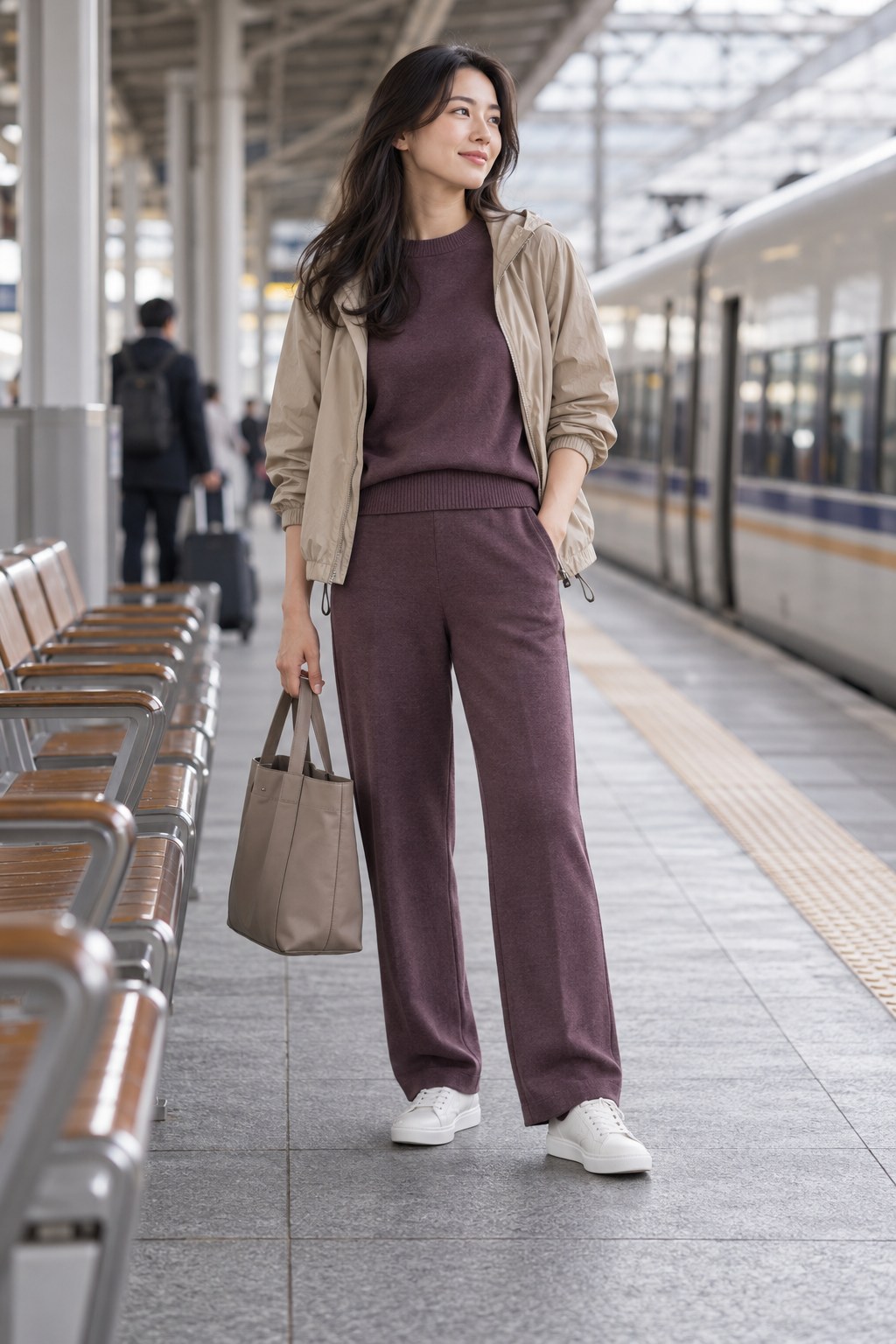 Plum knit set with a sand packable jacket and white sneakers at a station waiting area.