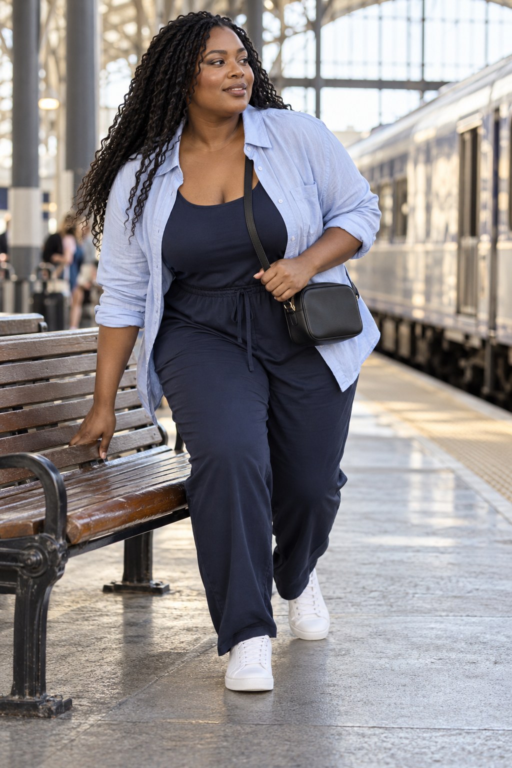Plus-size Black woman in a navy jumpsuit and open blue shirt near a station bench.