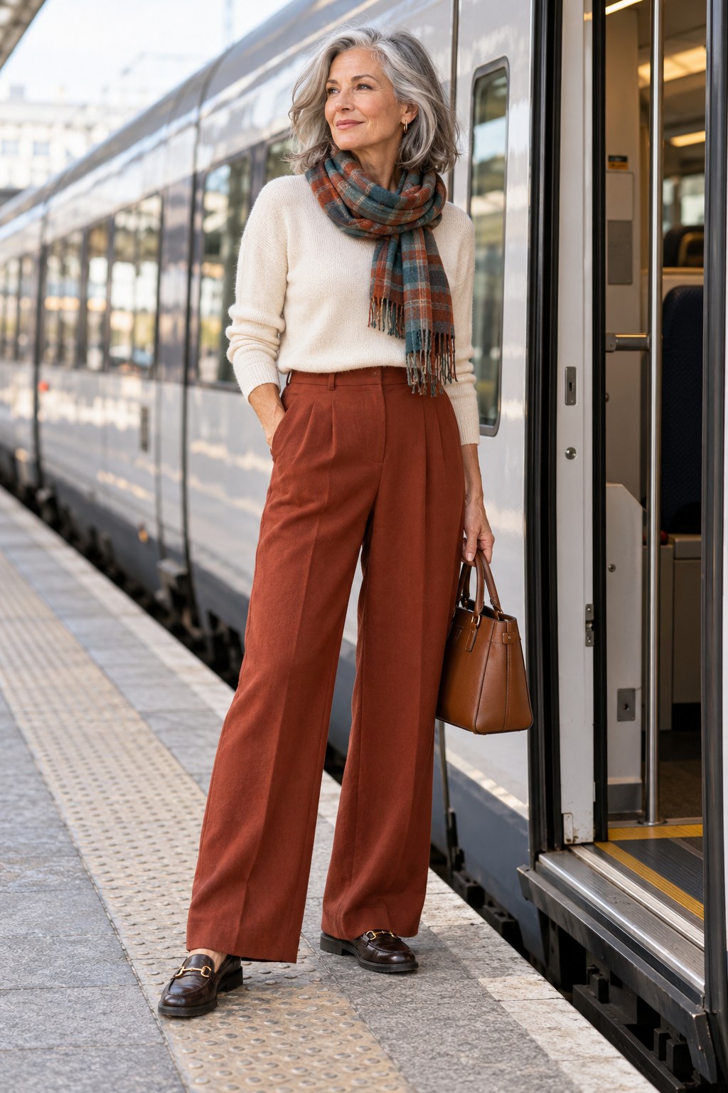 Mature woman in rust wide-leg trousers, cream knit, plaid scarf, and loafers beside a train.